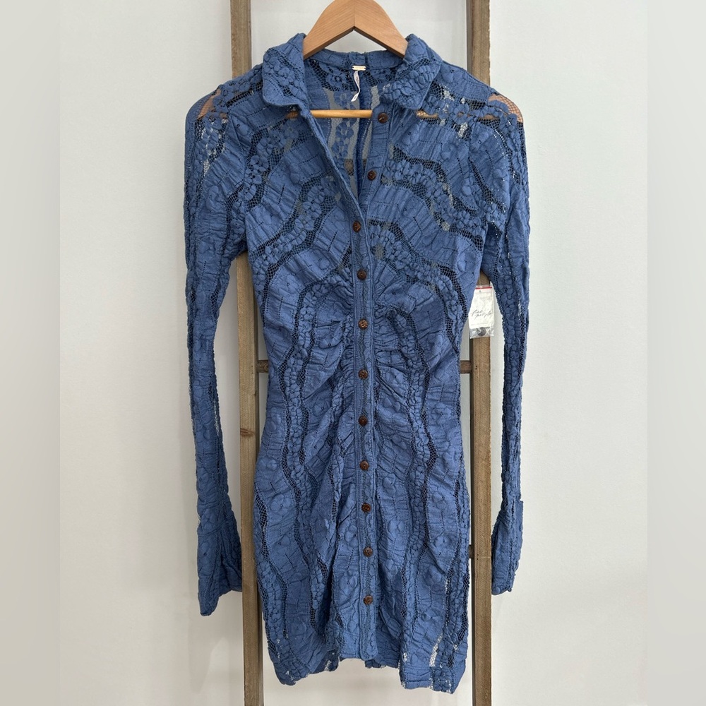 Free People Shayla Lace Slip Mini Dress Long Sleeve Denim Gray Size XS NWT Boho - Picture 2 of 10